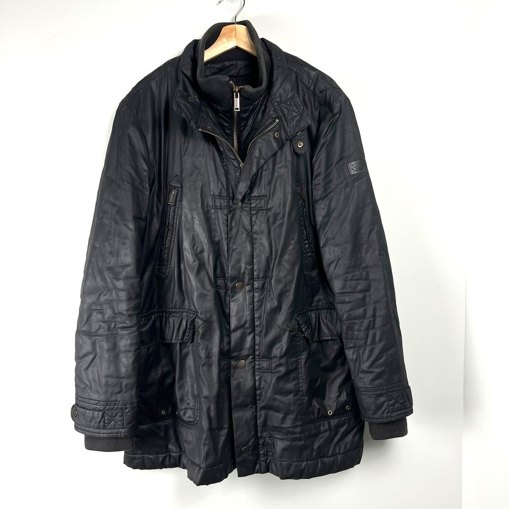 Chevignon Mens XL Black Waxed Cotton Field Jacket Quilted Wool Blend Lining Moto
